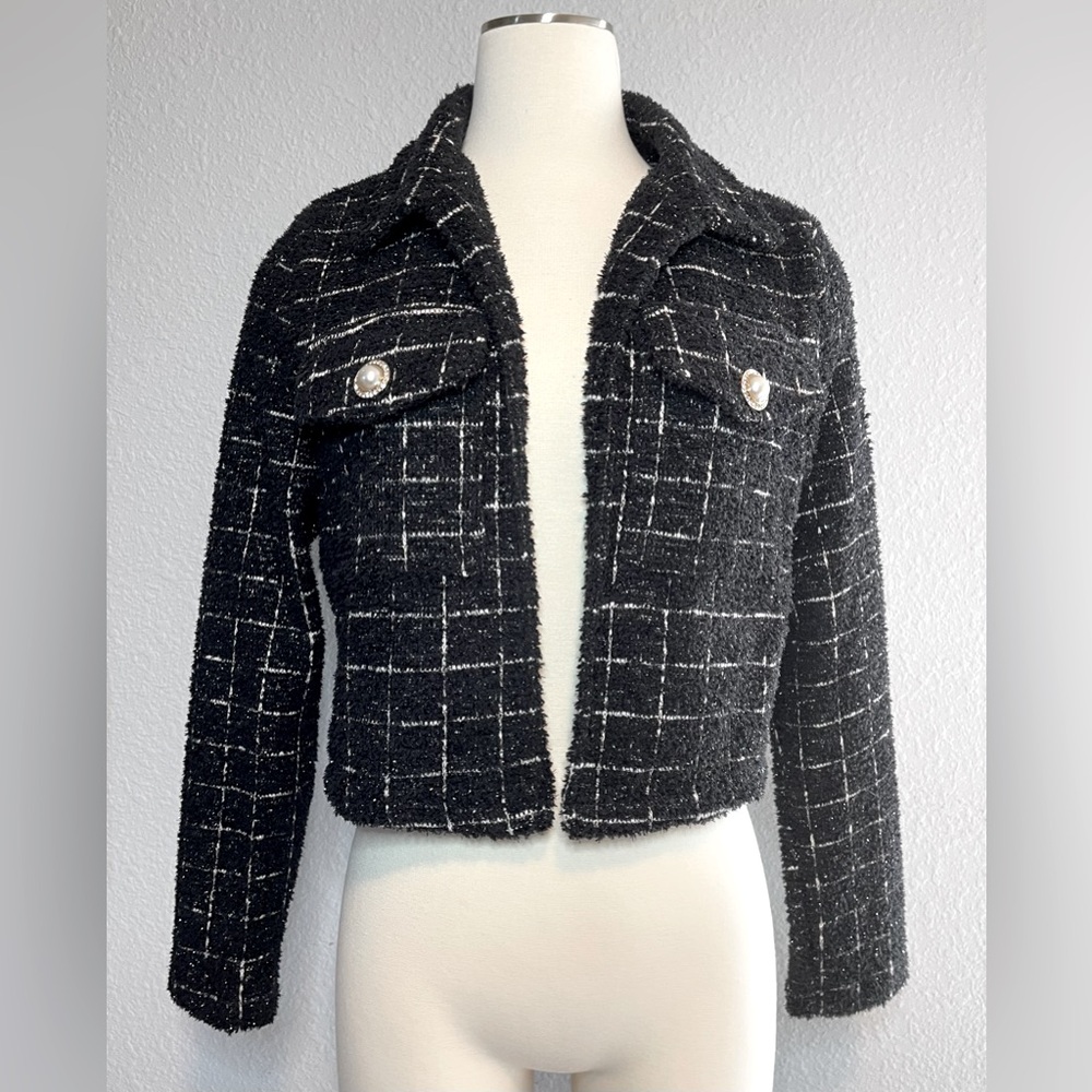 Evolutionary Women’s Black Metallic Jacket Pearl Buttons Size Large
